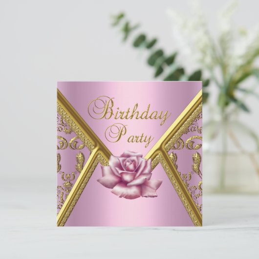 Birthday Party Pink Rose Damask Gold Afbeelding Kaart (Staand voorkant)