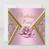 Birthday Party Pink Rose Damask Gold Afbeelding Kaart (Voorkant)