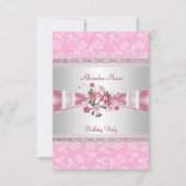 Birthday Party Pink White Floral Damask Bows Kaart (Voorkant)