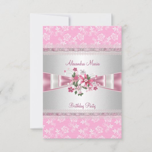 Birthday Party Pink White Floral Damask Bows Kaart (Voorkant)