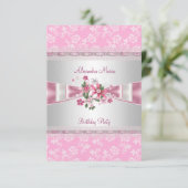 Birthday Party Pink White Floral Damask Bows Kaart (Staand voorkant)