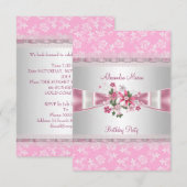 Birthday Party Pink White Floral Damask Bows Kaart (Voorkant / Achterkant)