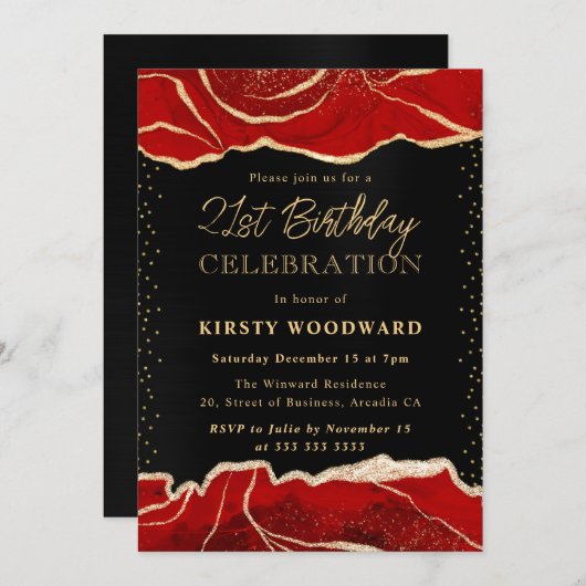 Birthday Party Red and Gold Glitter Agate Kaart (Voorkant / Achterkant)