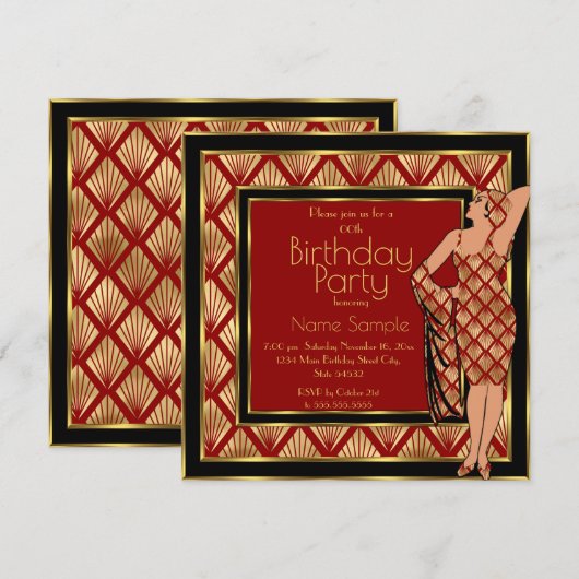 Birthday Party Red Black Gold Art Deco 1930 Lady 2 Kaart (Voorkant / Achterkant)