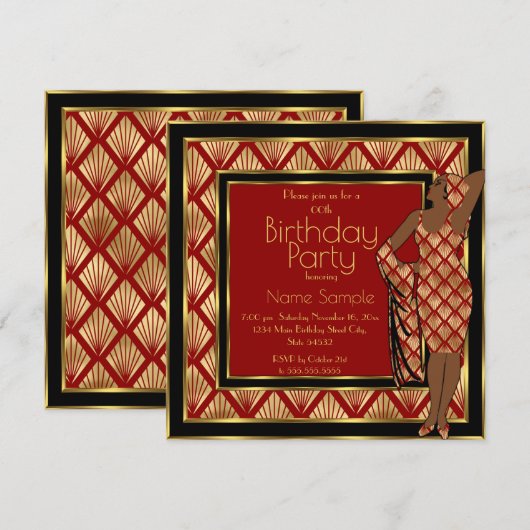 Birthday Party Red Black Gold Art Deco 1930 Lady Kaart (Voorkant / Achterkant)
