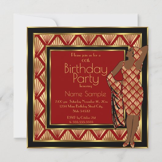 Birthday Party Red Black Gold Art Deco 1930 Lady Kaart (Voorkant)