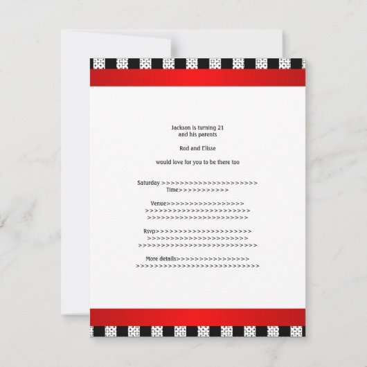 Birthday Party Red Black & White Check Patroon Kaart (Achterkant)