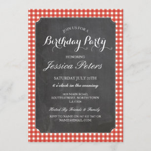 Birthday Party Red Check Rustic Chalk Uitnodiging