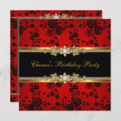 Birthday Party Red Damask Gold Black Diamond Kaart (Voorkant / Achterkant)