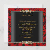 Birthday Party Red Damask Gold Black Diamond Kaart (Achterkant)