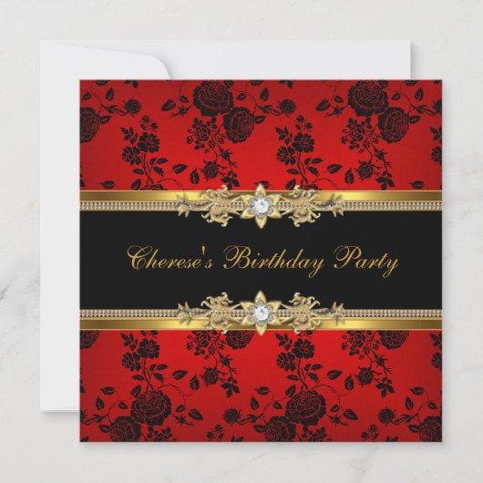 Birthday Party Red Damask Gold Black Diamond Kaart (Voorkant)