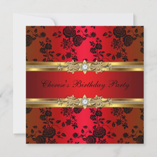 Birthday Party Red Damask Gold Black Kaart (Voorkant)
