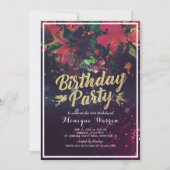 Birthday Party Red Floral Gold Script Paars Light Kaart (Voorkant)