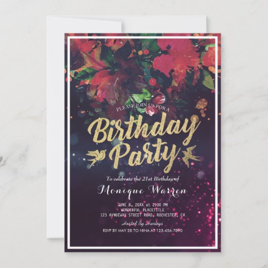 Birthday Party Red Floral Gold Script Paars Light Kaart (Voorkant)