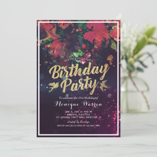 Birthday Party Red Floral Gold Script Paars Light Kaart (Staand voorkant)