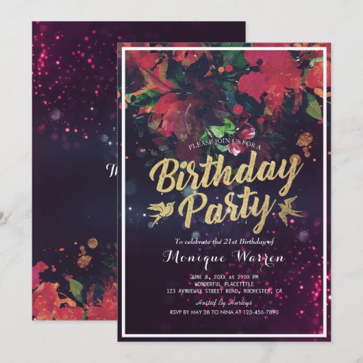 Birthday Party Red Floral Gold Script Paars Light Kaart (Voorkant / Achterkant)