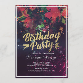 Birthday Party Red Floral Gold Script Paars Light Kaart