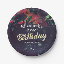 Birthday Party Red Floral Gold Script Paars Light