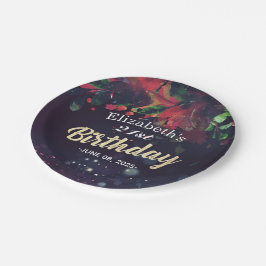Birthday Party Red Floral Gold Script Paars Light Papieren Bordje