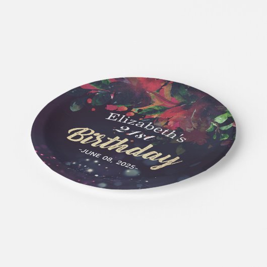 Birthday Party Red Floral Gold Script Paars Light Papieren Bordje (Gekanteld)