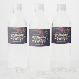 Birthday Party Red Floral Gold Script Paars Light Waterfles Etiket