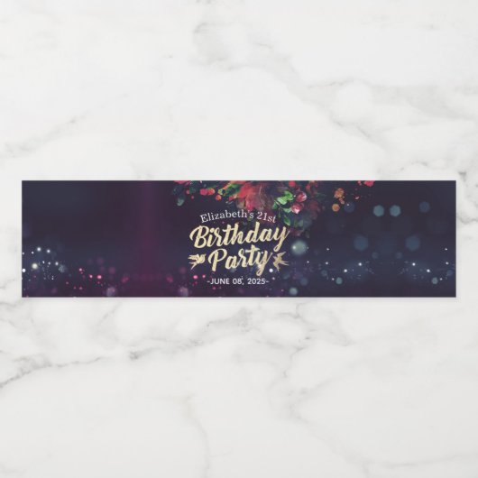 Birthday Party Red Floral Gold Script Paars Light Waterfles Etiket (Enkel label)