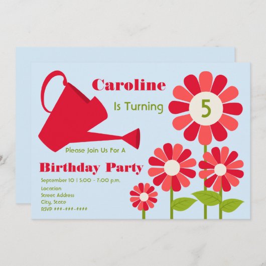 Birthday Party - Red Flower Garden & Watering Can Kaart (Voorkant / Achterkant)