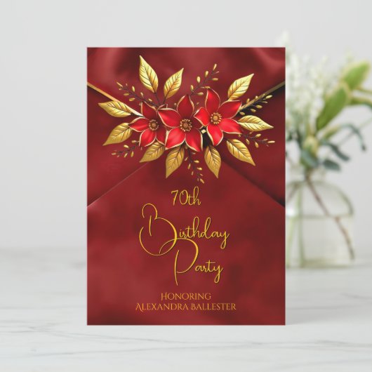 Birthday Party Red Flowers Faux Crush Velvet Gold Kaart (Staand voorkant)