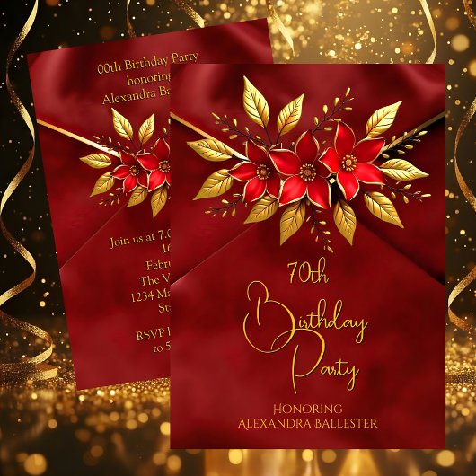 Birthday Party Red Flowers Faux Crush Velvet Gold Kaart