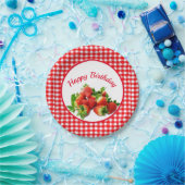 Birthday Party Red Gingham and Strawberries Papieren Bordje (Feest)