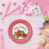 Birthday Party Red Gingham and Strawberries Papieren Bordje (Feest)