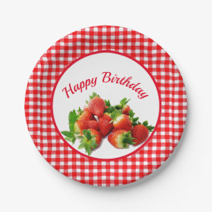 Birthday Party Red Gingham and Strawberries Papieren Bordje