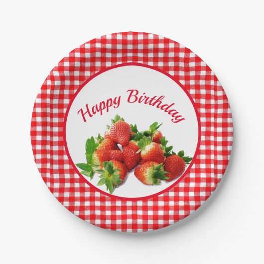 Birthday Party Red Gingham and Strawberries Papieren Bordje (Voorkant)