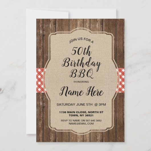 Birthday Party Red Gingham Burlap BBQ Invite Kaart (Voorkant)