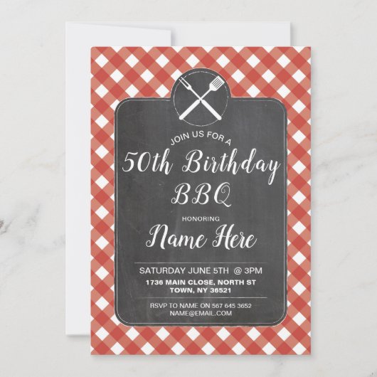 Birthday Party Red Gingham Chalk BBQ Invite Kaart (Voorkant)