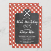 Birthday Party Red Gingham Chalk BBQ Invite Kaart (Voorkant / Achterkant)