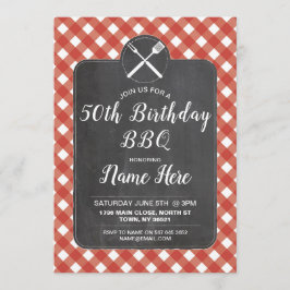Birthday Party Red Gingham Chalk BBQ Invite Kaart