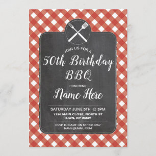 Birthday Party Red Gingham Chalk BBQ Invite Kaart