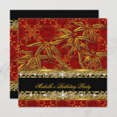 Birthday Party Red Gold Bamboo Damask Afbeelding Kaart (Voorkant / Achterkant)