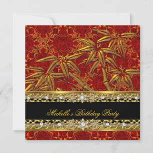 Birthday Party Red Gold Bamboo Damask Afbeelding Kaart