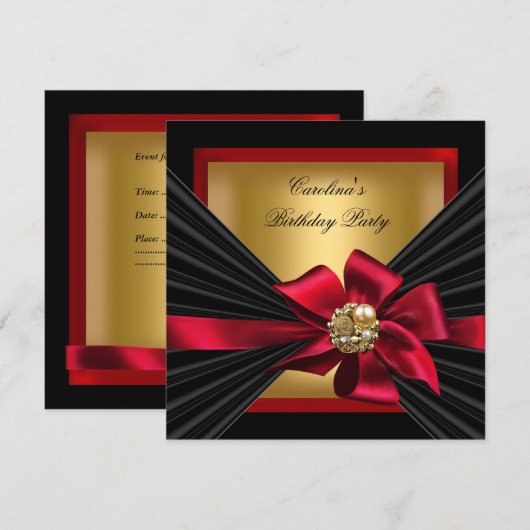 Birthday Party Red Gold Black Bow Jewel Kaart (Voorkant / Achterkant)