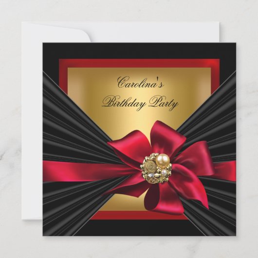 Birthday Party Red Gold Black Bow Jewel Kaart (Voorkant)