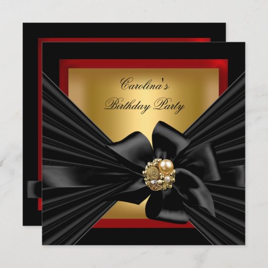 Birthday Party Red Gold Black Bow Kaart (Voorkant / Achterkant)