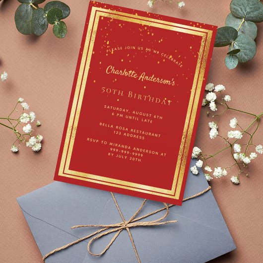 Birthday party red gold confetti sprinkhaan kaart