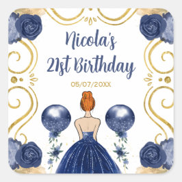 Birthday Party Red Hair Princess in Navy Blue Vierkante Sticker