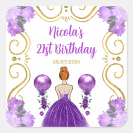 Birthday Party Red Hair Princess in Purple Vierkante Sticker