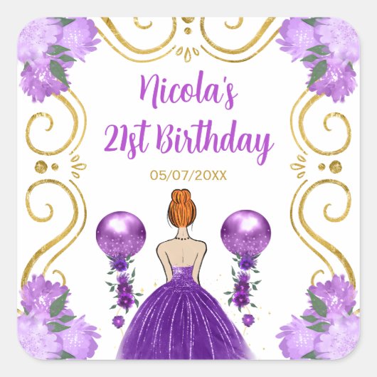 Birthday Party Red Hair Princess in Purple Vierkante Sticker (Voorkant)