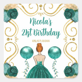 Birthday Party Red Hair Princess in Teal Vierkante Sticker