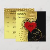 Birthday Party Red Heart Gold en Black Kaart (Voorkant / Achterkant)