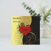 Birthday Party Red Heart Gold en Black Kaart (Staand voorkant)